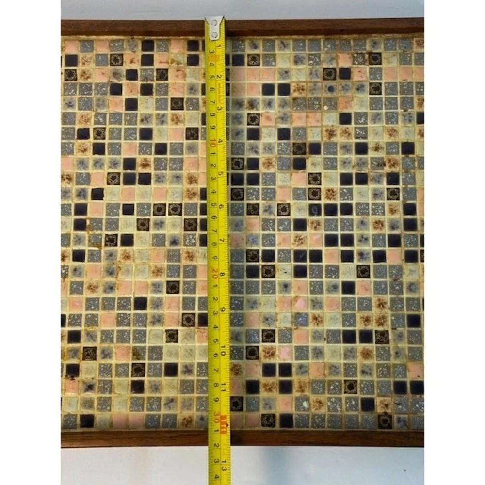 Vintage Mid Century Modern Mosaic Tile Wood Serving Tray Brass Handles Vered